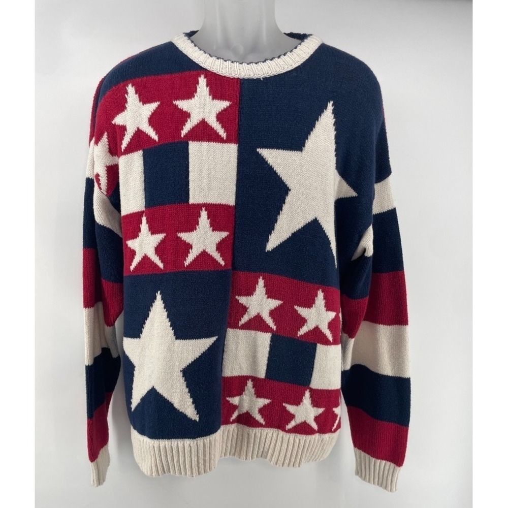Vtg Old Glory Flag Sweater Men L  Red White Blue Cotton USA Made Preppy American